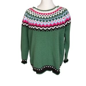 Fair Isle Knit Sweater‎ Green Pink Nordic Geometric Yoke Pullover Women Large